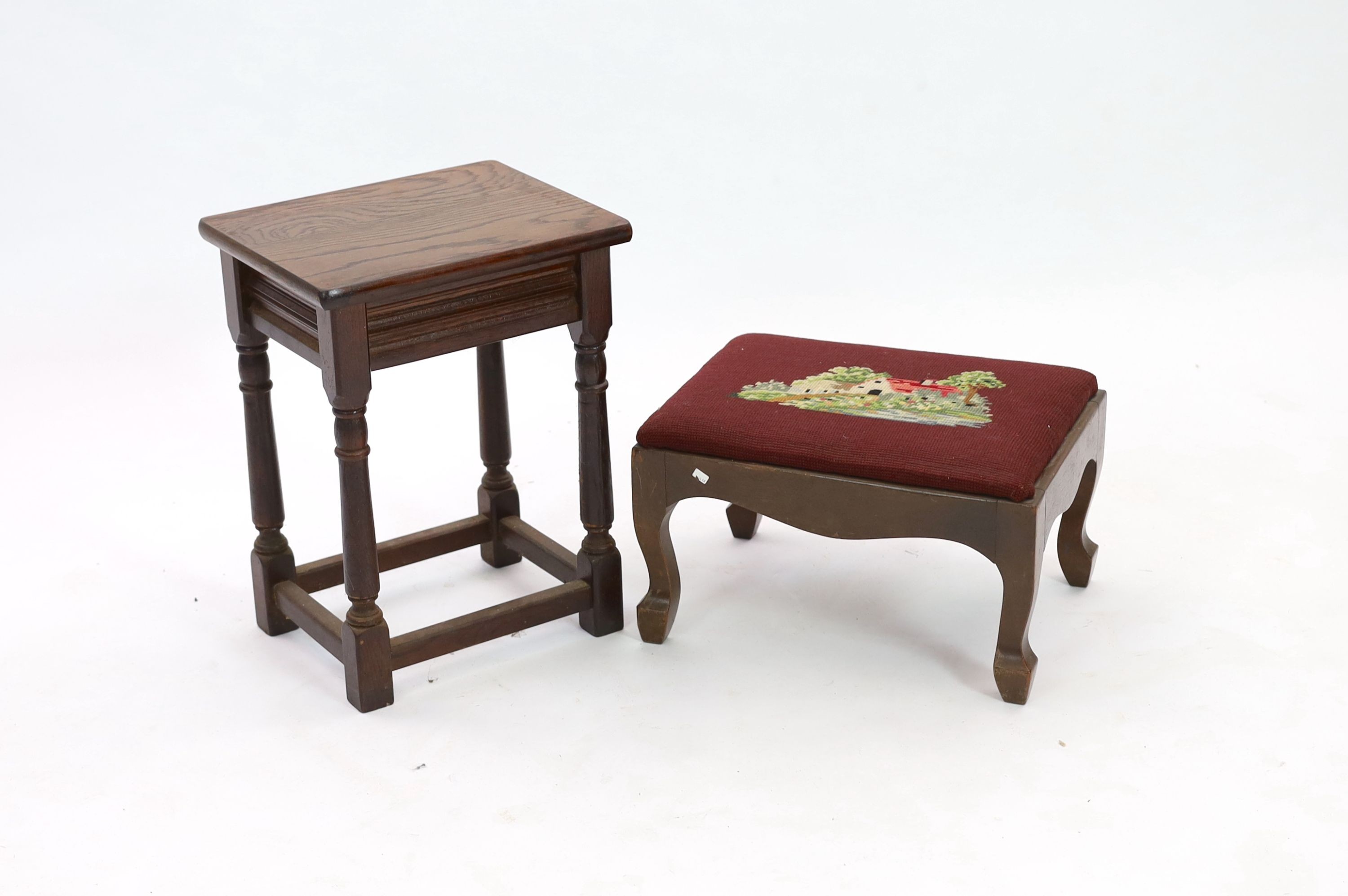 An 18th century style rectangular oak stool, height 41cm, together with a tapestry foot stool